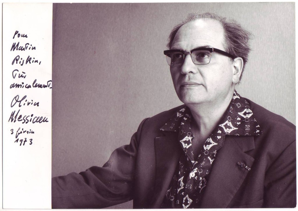 MESSIAEN, OLIVIER. Photograph Signed and Inscribed, For / Martin / Riskin / very / warmly, in French,